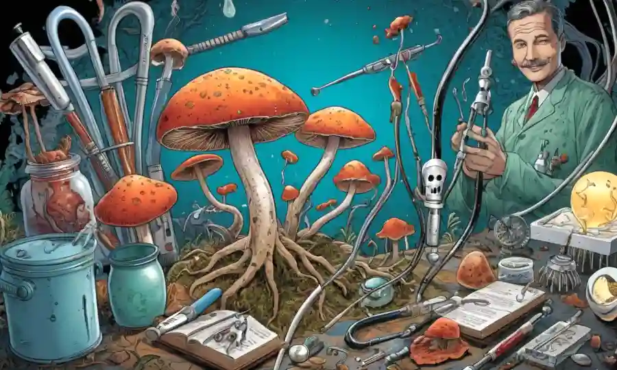 Ilustraciones científicas de hongos en una figura humana, rodeadas de instrumentos médicos.