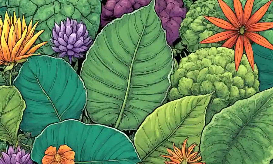 Un cierre de varias especies vegetales con características morfológicas únicas, como hojas o flores adaptadas.