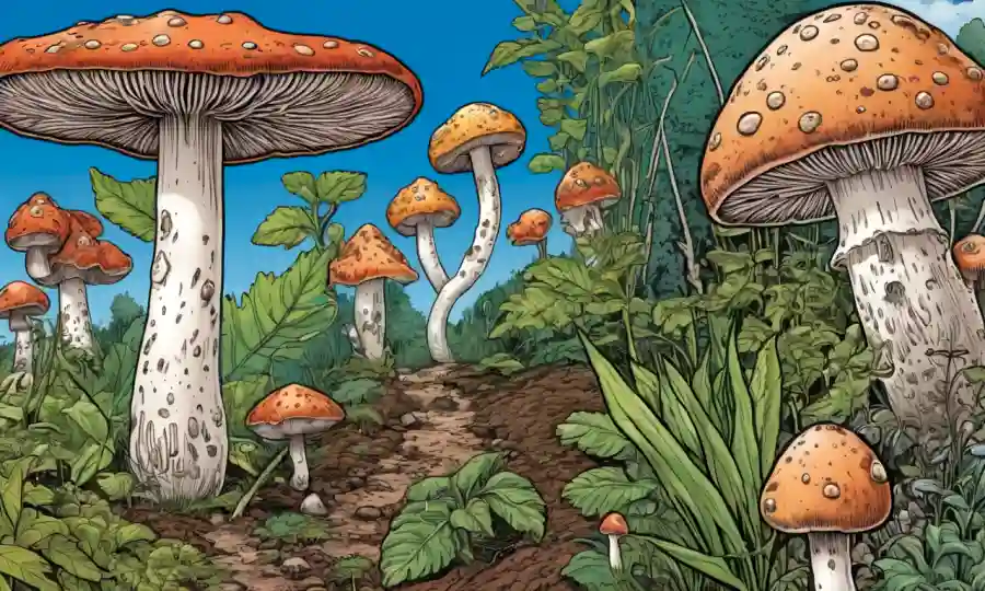 Un cuerpo frutal de hongos con ilustraciones de esclerocia junto a las escenas de planta y tierra.