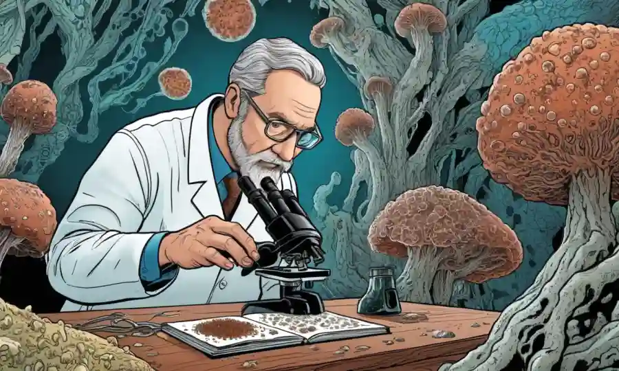 Científico estudiando el crecimiento fúngico bajo microscopio, descubriendo patrones intrincados.
