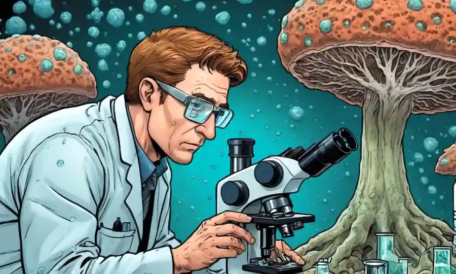 Microscopios de observación científica con estructuras de células fúngicas.