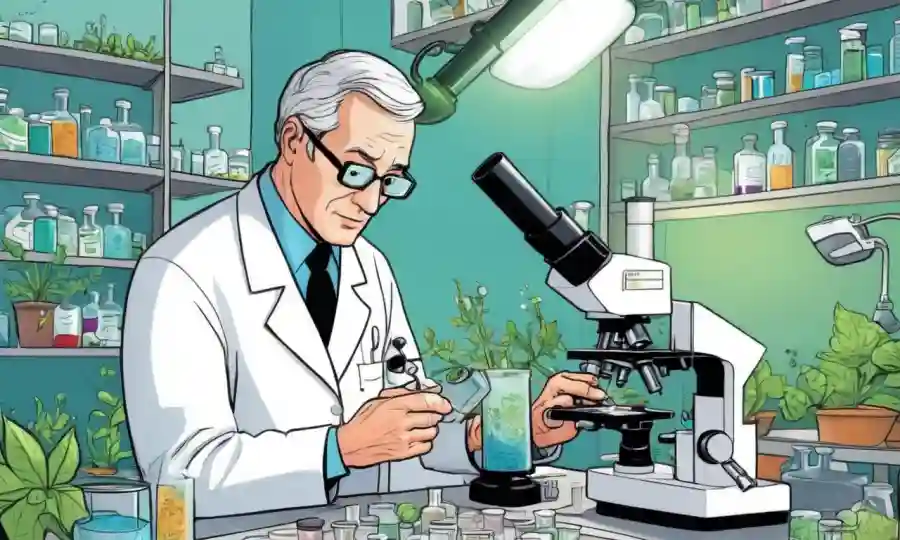 Científico que estudia hormonas vegetales y hongos en un laboratorio con diagramas y diapositivas microscopio.