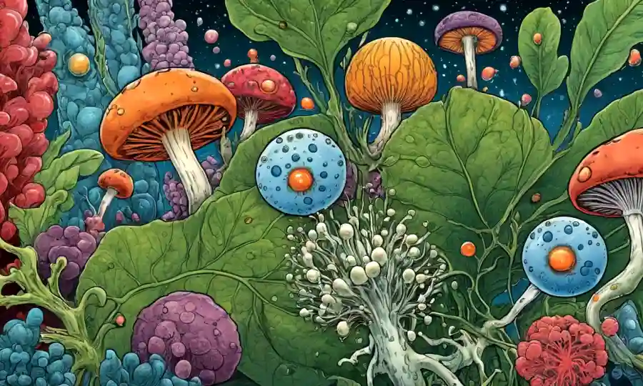 Ilustración que combina moléculas de hormona vegetal y elementos de hongos, destacando su interacción.