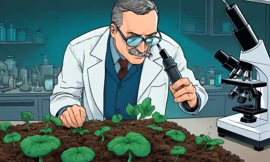 Científico examinando suelo y hongos bajo microscopio en laboratorio agrícola.