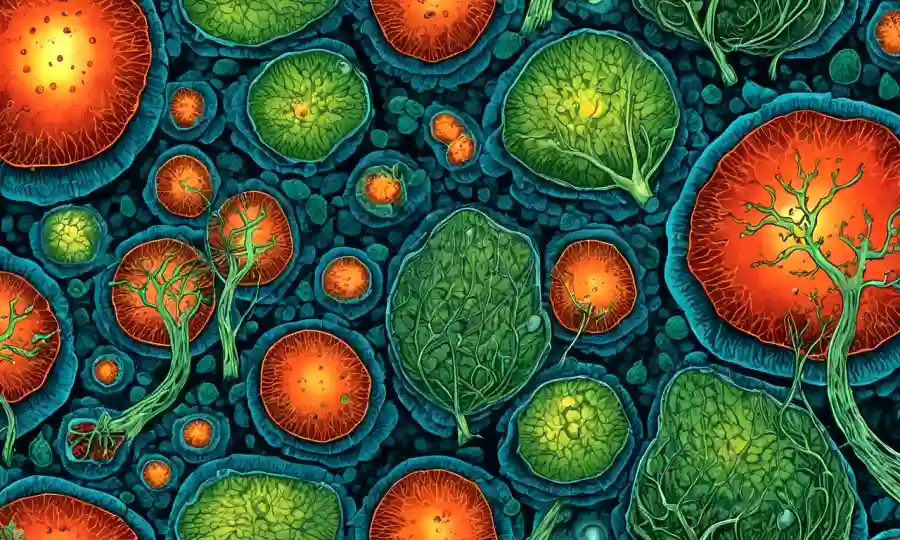 Las células vegetales liberan hormonas de crecimiento en medio de redes fúngicas en el suelo.