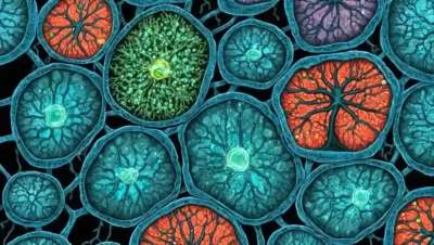 Celdas vegetales con conexiones fúngicas y estructuras moleculares.