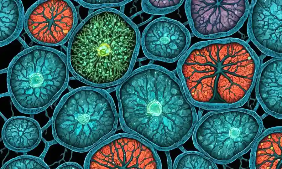 Celdas vegetales con conexiones fúngicas y estructuras moleculares.