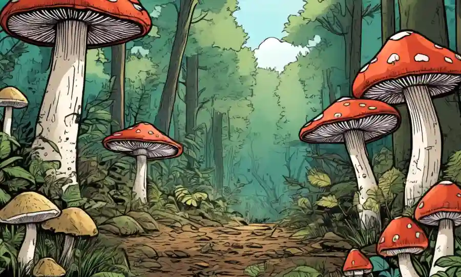 Setas que crecen en un ecosistema forestal con superposiciones de texto destacando su significado ecológico.