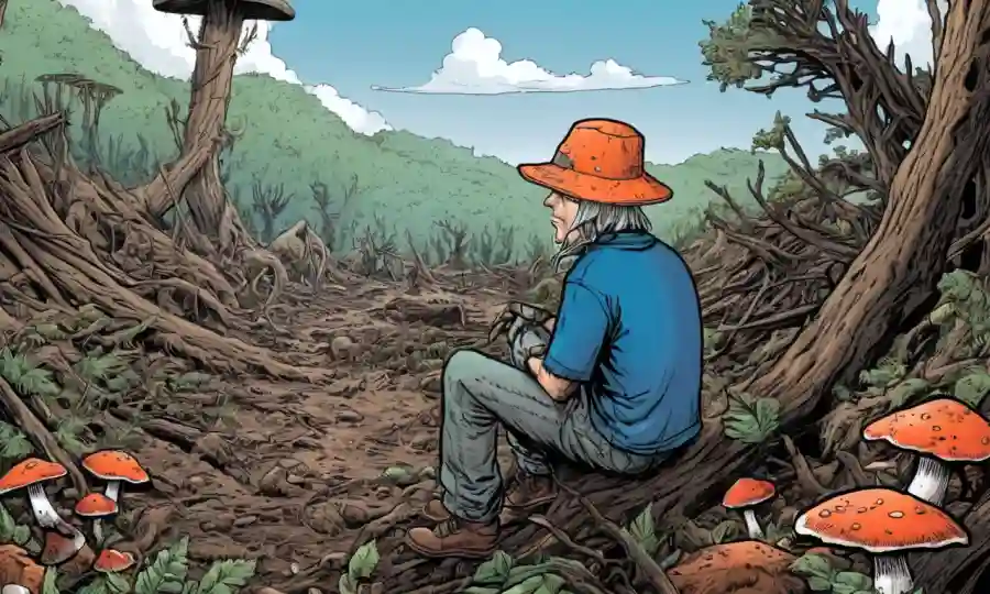 Una persona que lleva un sombrero de Fungi Eaters sentado en medio de la devastación de la naturaleza.