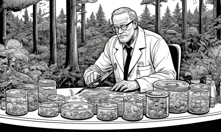 Ilustraciones de hongos que rodean a un científico preocupado que estudia platos petri, rodeado de bosque denso.