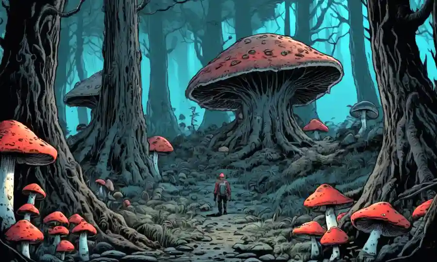 Una escena de bosque oscuro con criaturas parecidas a hongos que se acercan a los seres humanos, insinuando el horror y el malestar en dicha cultura.