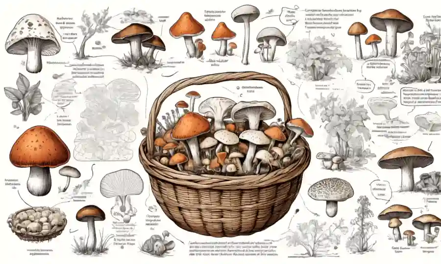 Una persona que sostiene una cesta de varios hongos rodeados de diagramas científicos e información.