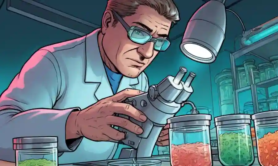 Un microbiólogo que examina los platos petri con cultivos de hongos bajo un microscopio.