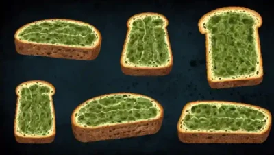 Las rodajas de pan moldeado se transforman en varias formas fúngicas en un fondo oscuro.
