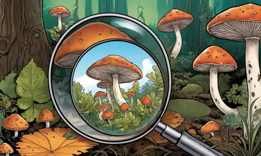 Fungi creciendo en un entorno diverso, con una lupa y un diagrama para ilustración.