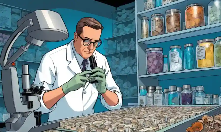 Científico examinando diapositivas de microscopio en un laboratorio en medio de especímenes de hongos.