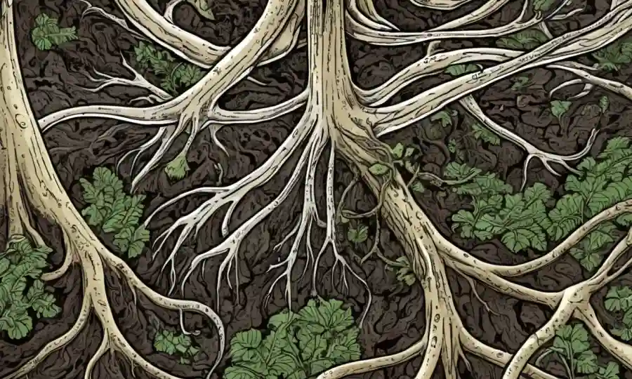 Cierre de hifas fúngicas que rodean y apoyan las raíces de las plantas.