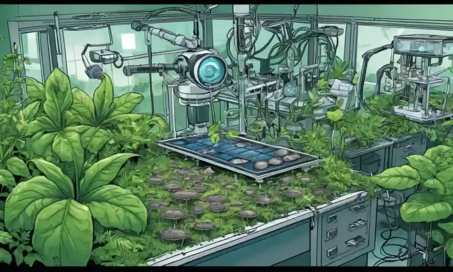 Células microscópicas de hongos rodeadas de plantas verdes y equipos de investigación en un entorno de laboratorio.