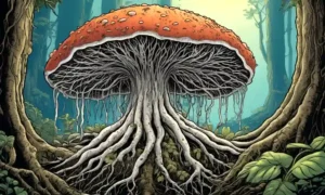 Ilustración de hongos creciendo dentro de las raíces vegetales