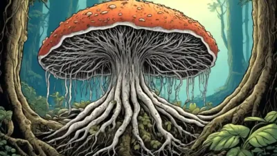 Ilustración de hongos creciendo dentro de las raíces vegetales