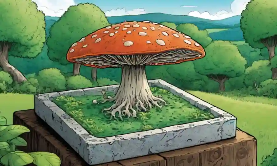 Fungi creciendo dentro de una célula vegetal con un paisaje verde en el fondo.