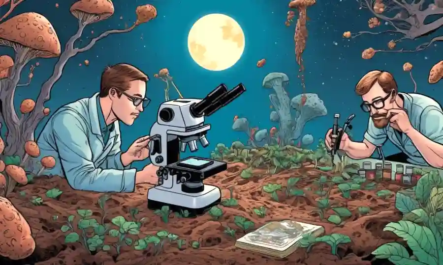 Micólogos que estudian cultivos de suelo con microscopios y diagramas cercanos.