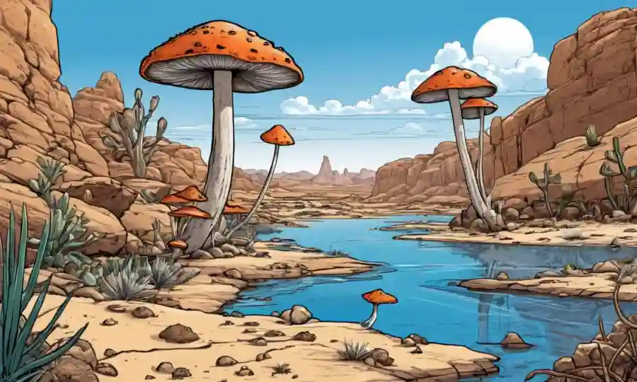 Especie de hongos únicos creciendo en rocas o bordes de aguas en medio de desierto único o paisaje extremo.