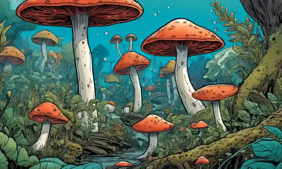 Ilustración de hongos rodeados de elementos ecológicos con conceptos e indicios futuristas.
