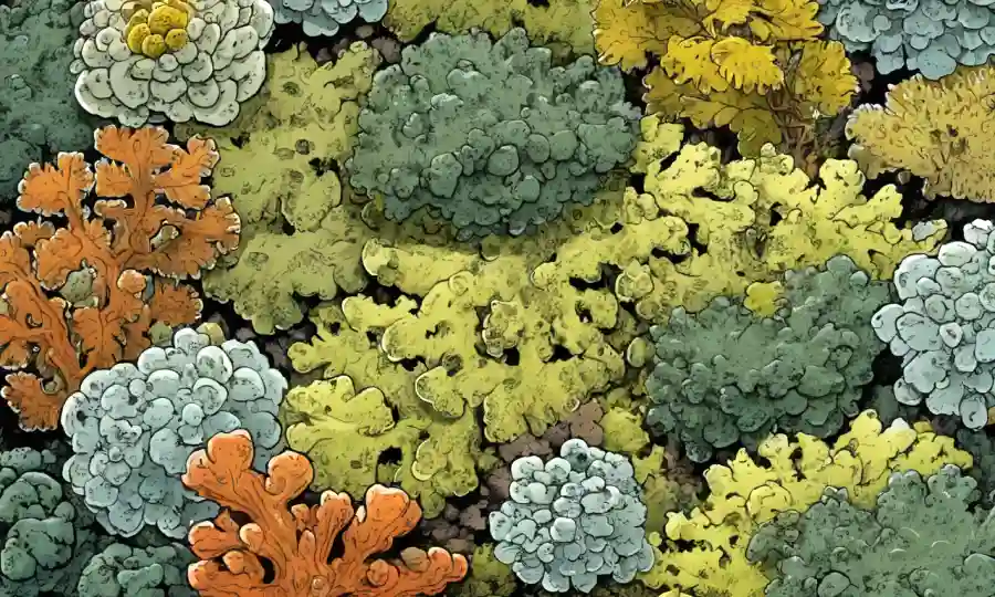 Imagen de cerca de varios tipos de hongos lichenes
