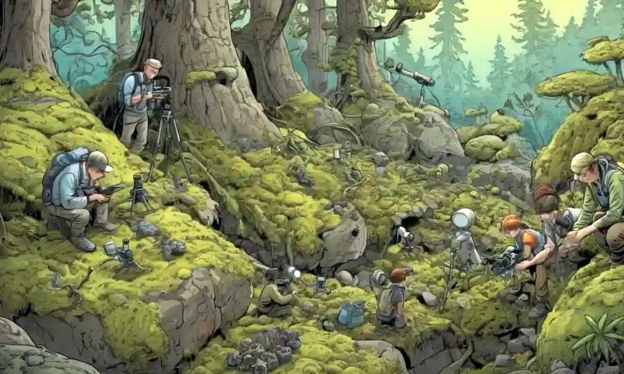 Un grupo de tipos de líquenes que crecen en rocas, árboles y suelo con microscopios e ilustración junto a una exploración humana en el bosque.