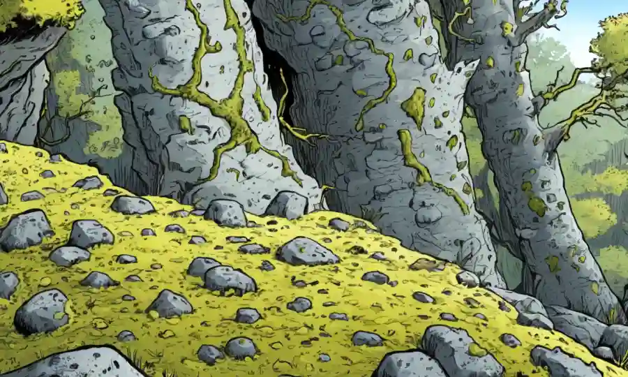 Los líquenes crecen sobre rocas o árboles en un bosque, enfatizando su importancia ecológica.