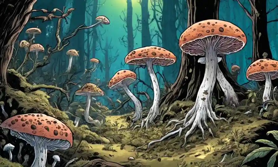 Ilustración de parásitos de hongos en un organismo huésped infectado en un hábitat.