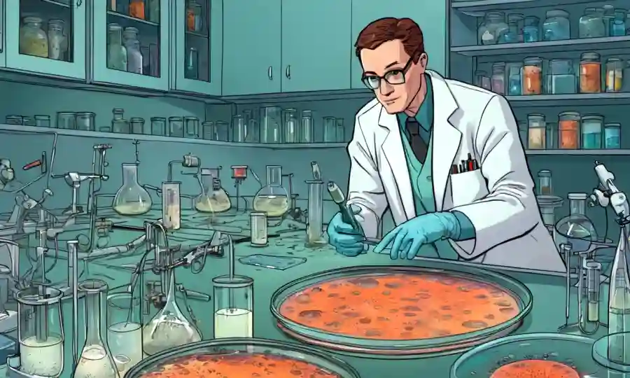 Científicos que estudian el crecimiento fúngico de los platos petri, rodeados de equipos de laboratorio.