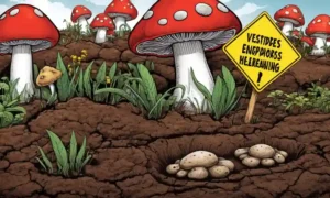 Mushrooms creciendo en tierra con un signo de advertencia y una superposición gráfica sanitaria.