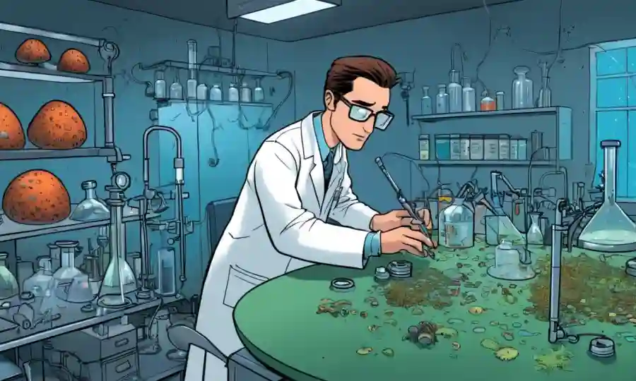 Un científico recolectando muestras de hongos en un laboratorio, rodeado de equipos y análisis de datos.