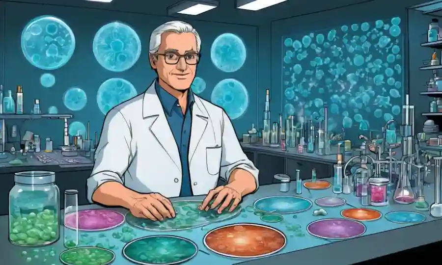 Científico en un laboratorio rodeado de platos petri y muestras de hongos, con diagramas futuristas de estructuras moleculares.