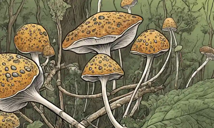 Ilustración científica de estructuras fúngicas con flechas indicando aplicaciones biológicas.