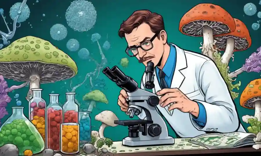 Científico examinando muestras de hongos bajo microscopio, con estructuras moleculares y gráficos alrededor.