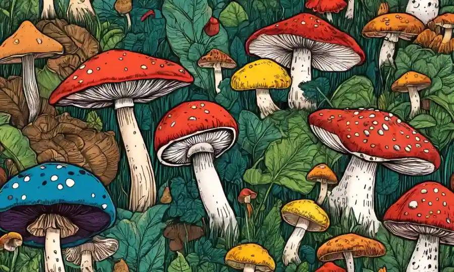 Una ilustración colorida de varios hongos con información nutricional superpuesta en cada uno.