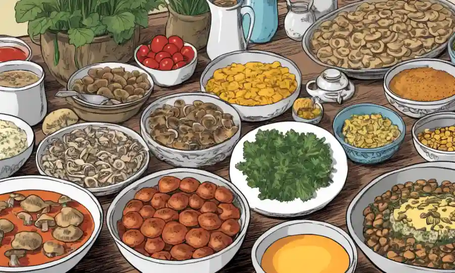 Portrayal de varios platos que incorporan hongos como ingredientes con información nutricional mostrada cerca.