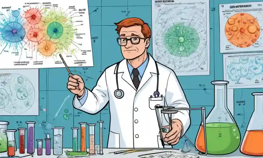 Un científico que examina microorganismos en un beaker rodeado de diagramas y gráficos.