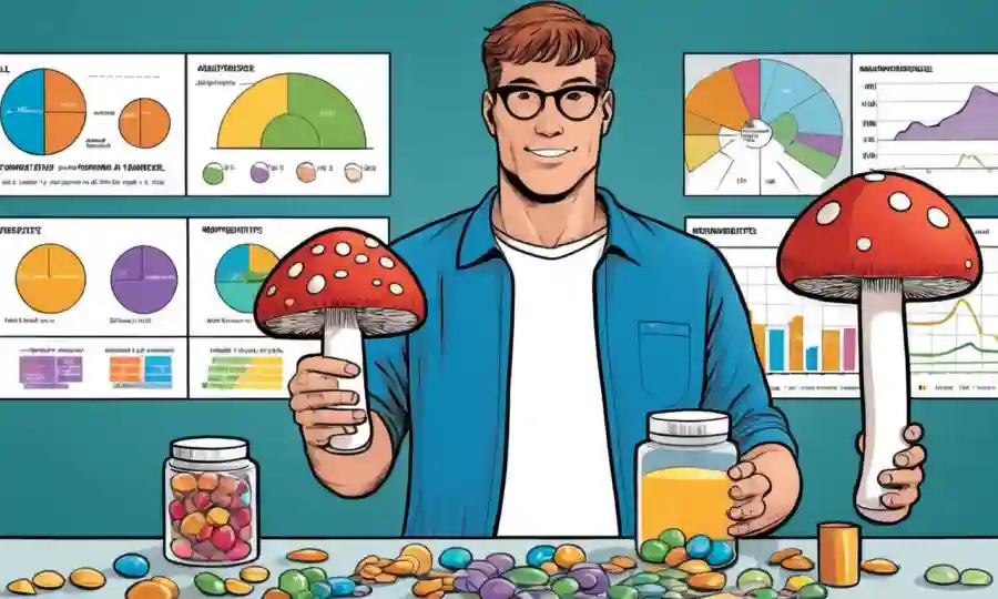 Una persona que toma suplementos con una etiqueta en forma de hongos, con gráficos y gráficos que comparan diferentes tipos.