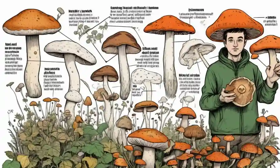 Una persona que sostiene varios tipos de hongos con un gráfico que muestra posibles efectos y advertencias.