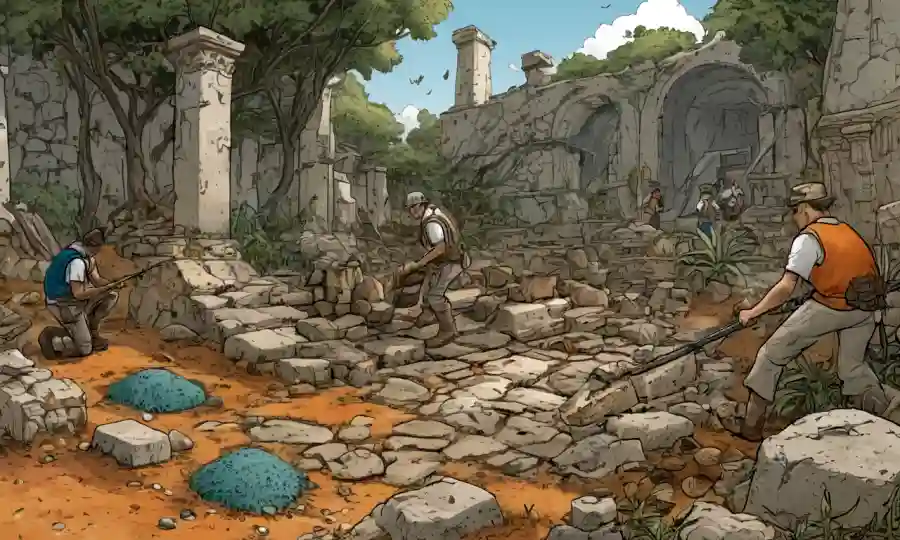 Arqueólogos excavando ruinas antiguas en medio de crecimientos y artefactos fungosos.