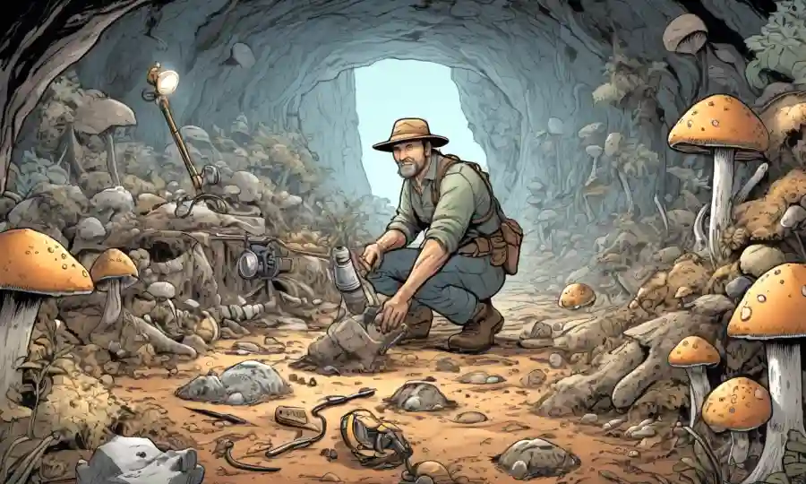Un arqueólogo que excava en depósitos antiguos de tierra rodeado de fósiles y equipos de hongos.