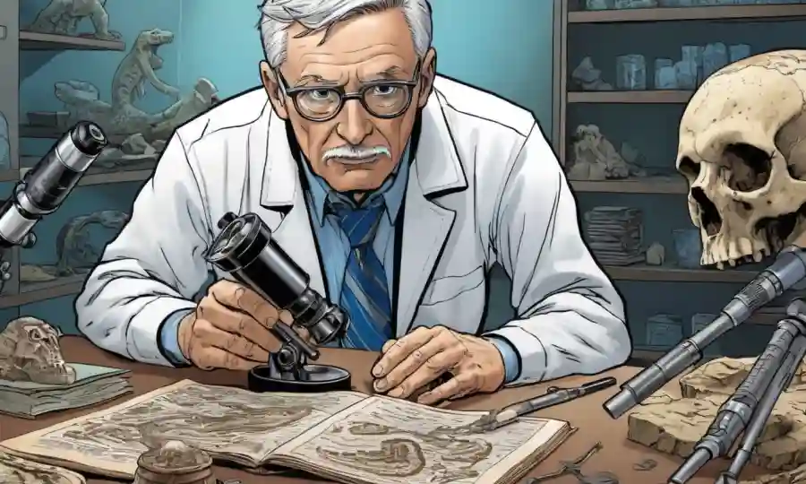 Científico que examina restos fosilizados bajo un microscopio, con artefactos antiguos y textos en el fondo.