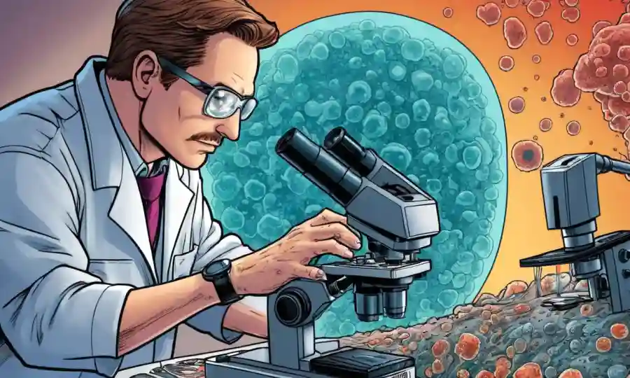 Un científico que examina los organismos microscópicos bajo diversas técnicas de microscopía óptica y electrónica.