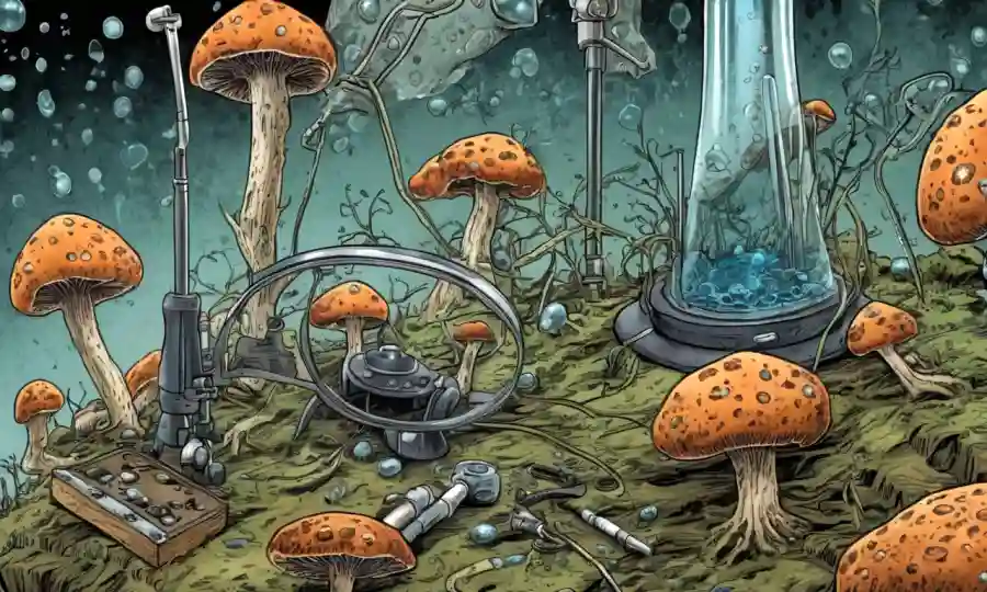 Imagen microscópica de esporas fúngicas con instrumentos científicos cercanos.