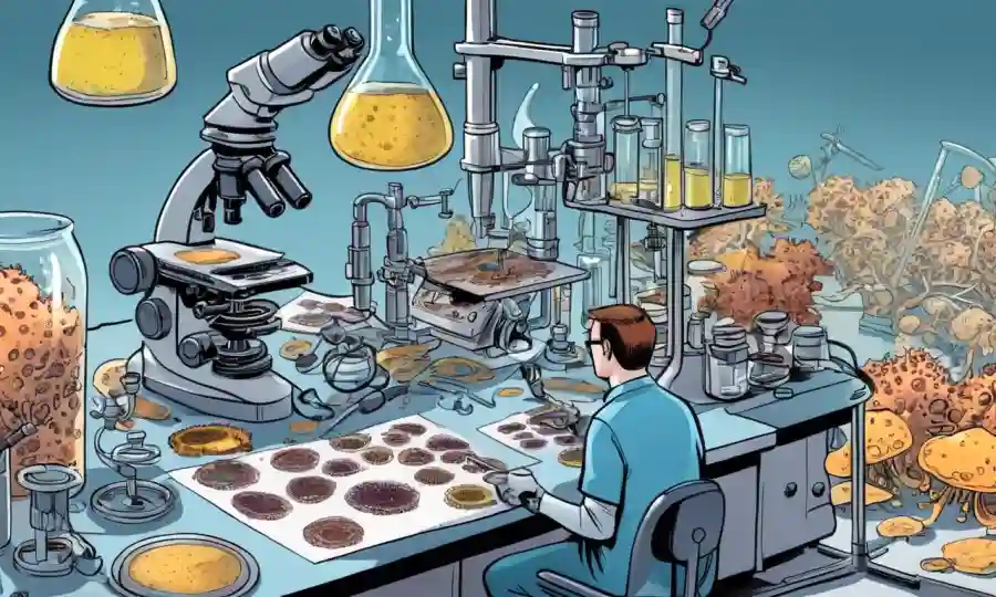 Vista microscopio de muestras de hongos con diversos equipos de laboratorio y técnicos.