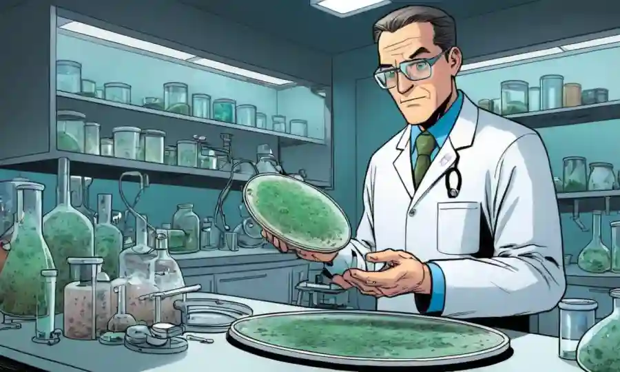 Scientist holding petri plato cubierto de crecimiento fúngico en medio del equipo de laboratorio.